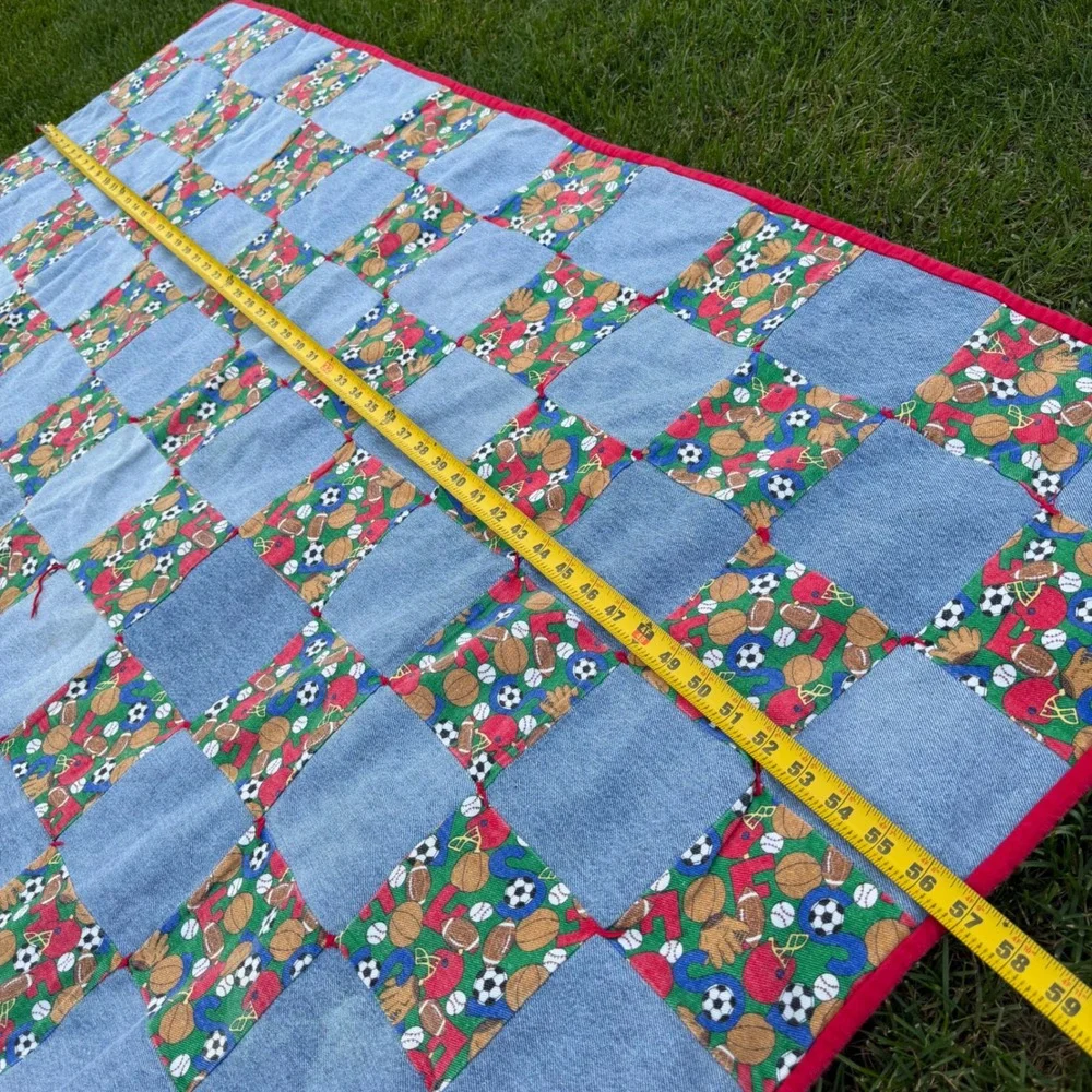 Handmade Denim Sports Patchwork Quilt Throw Blanket Blue Red Basketball Football